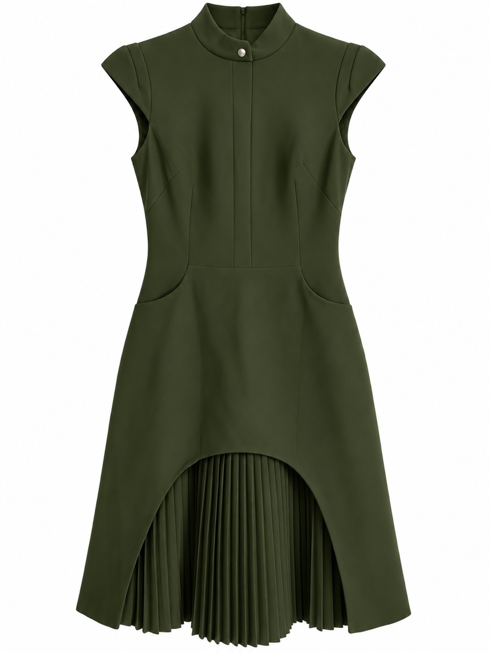 Karen Millen Olive Green High-Low Pleated Hem Dress